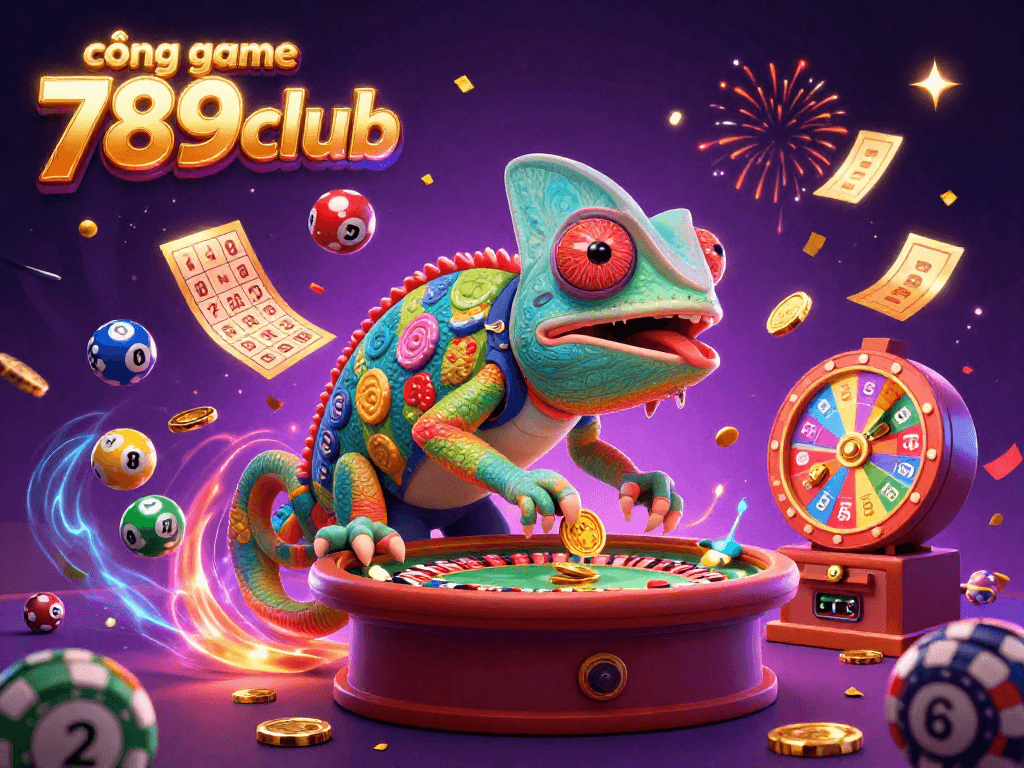 Engage with the vibrant visual of cổng game 789club, showcasing a playful chameleon and dynamic casino elements.