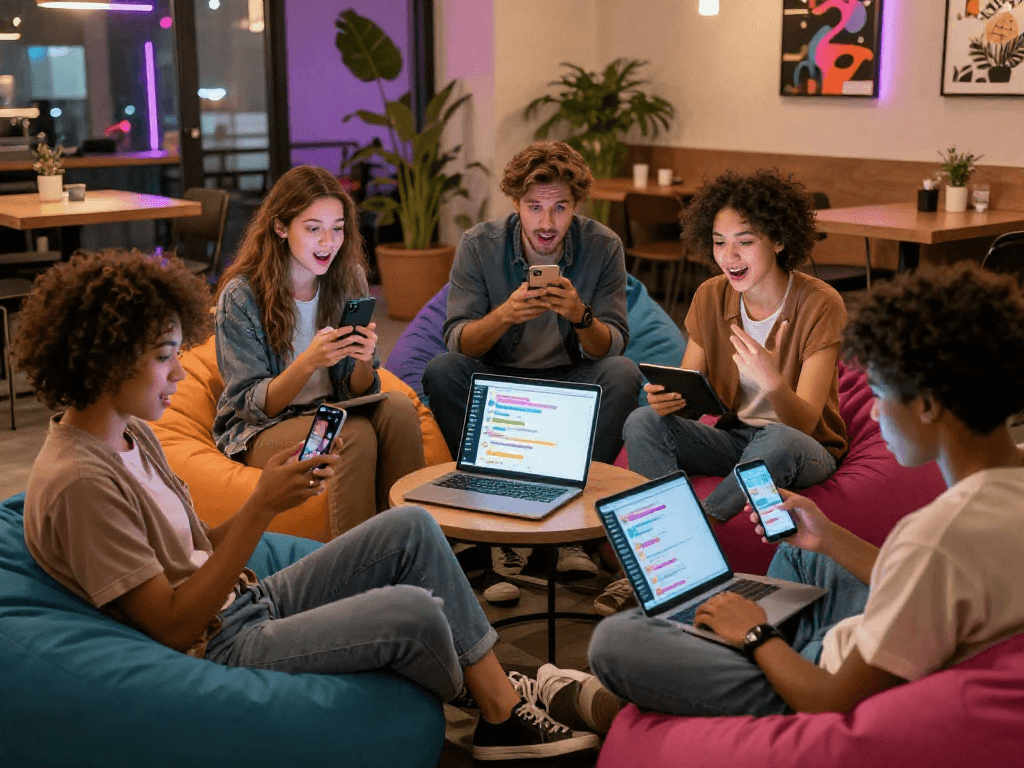 Youthful engagement in nsfw ai chat within a vibrant digital cafe atmosphere, showcasing diverse interactions and playful humor.