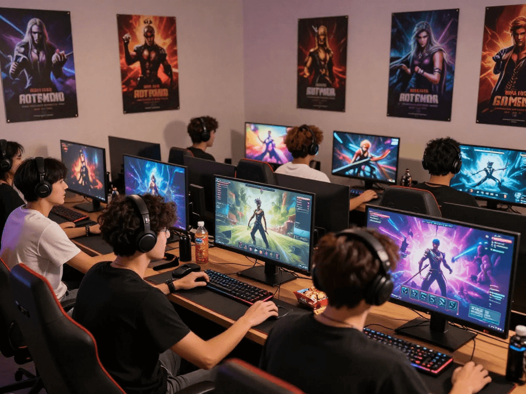 Dynamic scene of players engaged in interactive sex games, showcasing gaming accessories and vibrant graphics.