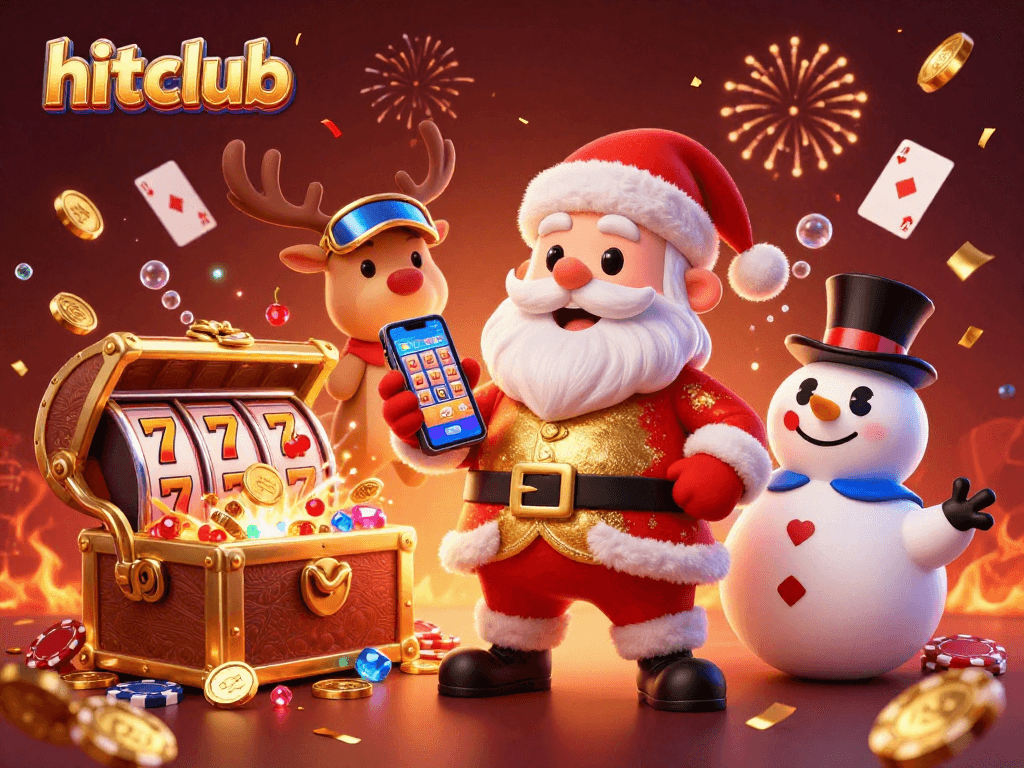 Experience hitclub’s festive fun with Santa, reindeer, and snowman in a vibrant casino-themed adventure.