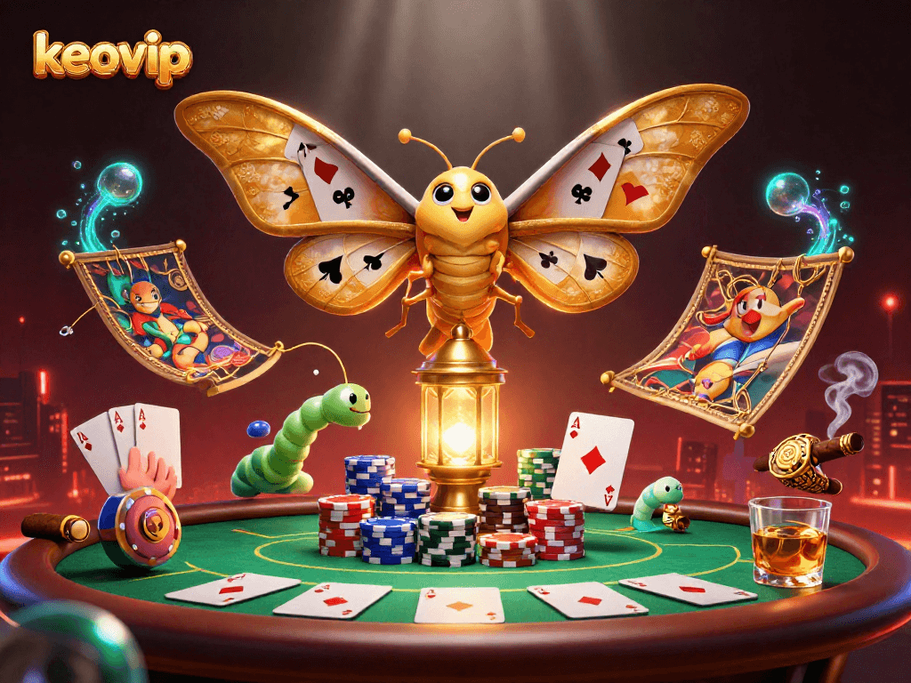 Experience keovip challenges with vibrant 3D illustrations of casino-themed creatures and games.