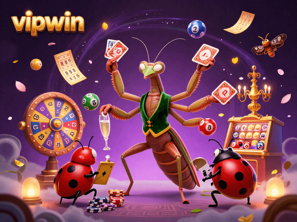 Experience the excitement of gambling at vipwin, featuring a dynamic casino scene with colorful lottery balls and lively characters.