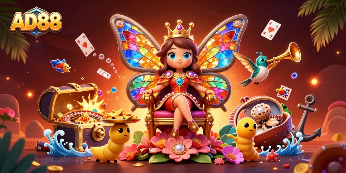 Experience excitement at AD88 with a vibrant 3D gaming world featuring colorful characters and casino elements.