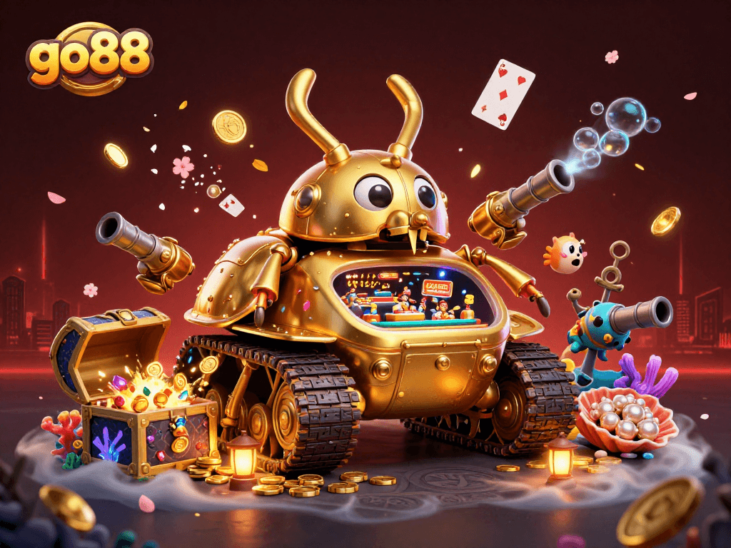 Engage with go88's gaming experience featuring a golden beetle casino tank and vibrant underwater elements.