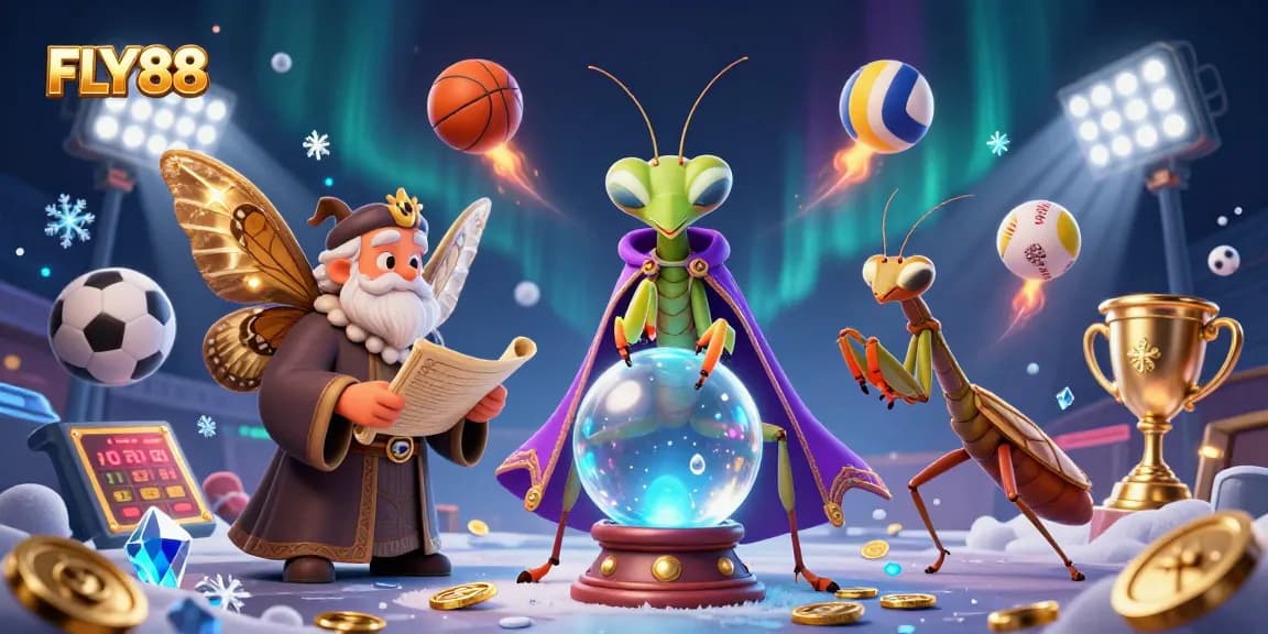 Experience FLY88's thrilling sports betting atmosphere with vibrant characters and dynamic game elements in this illustration.