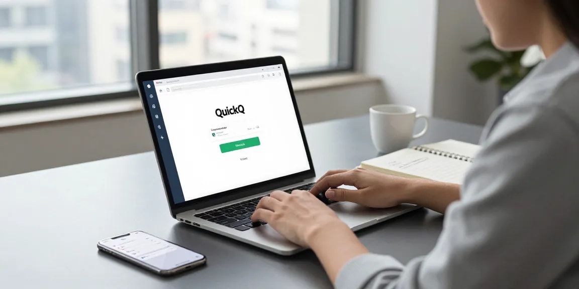 使用 quickq下载 提升网络速度的现代工作场景，展示用户在高效办公。
