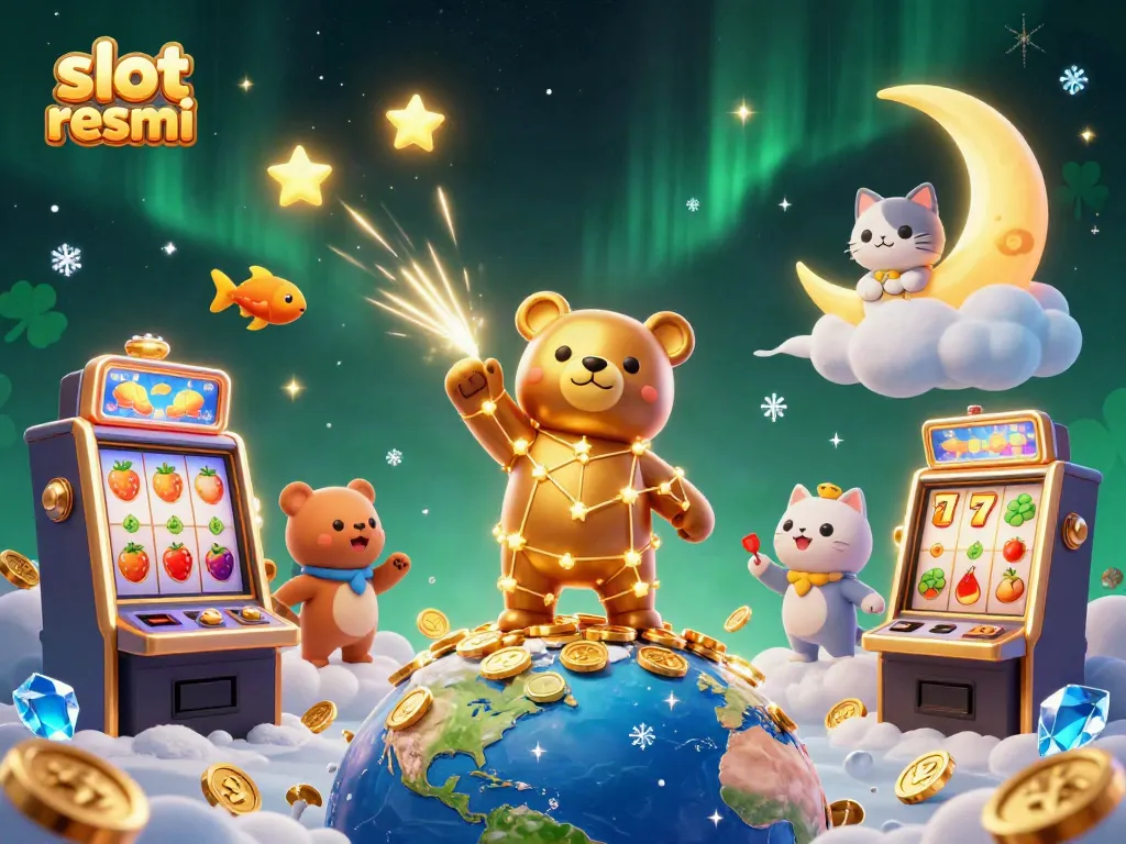 Engage in the thrilling world of slot resmi with a dazzling scene of cartoon characters and slot machines.