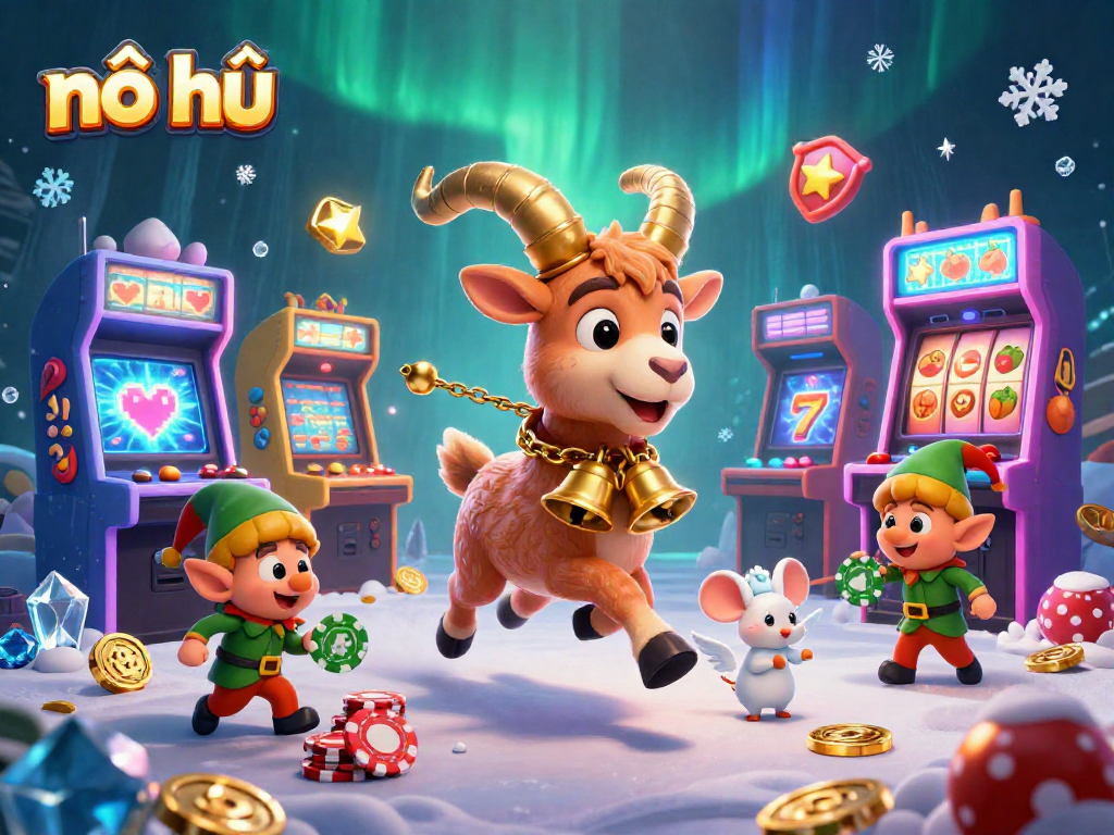 Engage in nổ hũ casino fun with festive characters and colorful game machines.