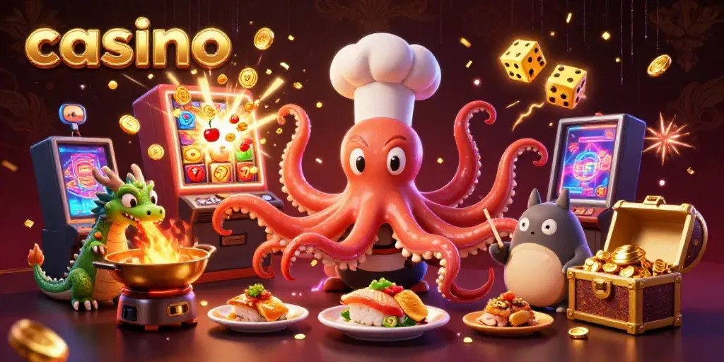 Experience vibrant casino excitement with an octopus chef, dragon, and lucky characters.