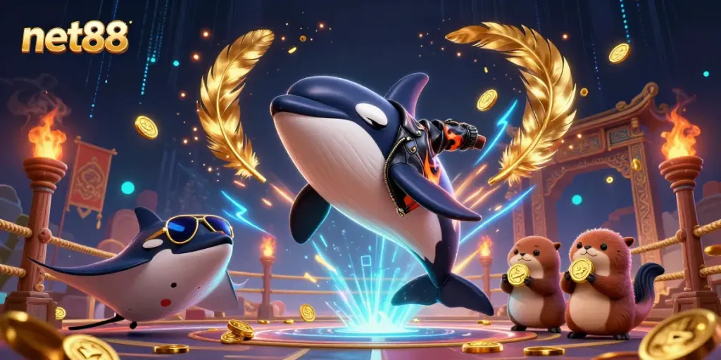 Engaging scene of net88 with a biker orca, an aviator stingray, and sea otters celebrating with gold coins.