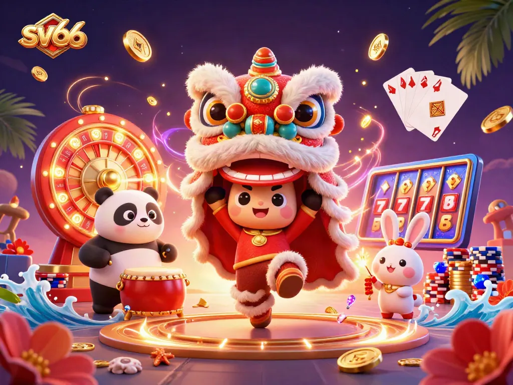 Experience the excitement of sv66 with a vibrant 3D casino illustration featuring a lion dance, drumming panda, and sparkling game elements.