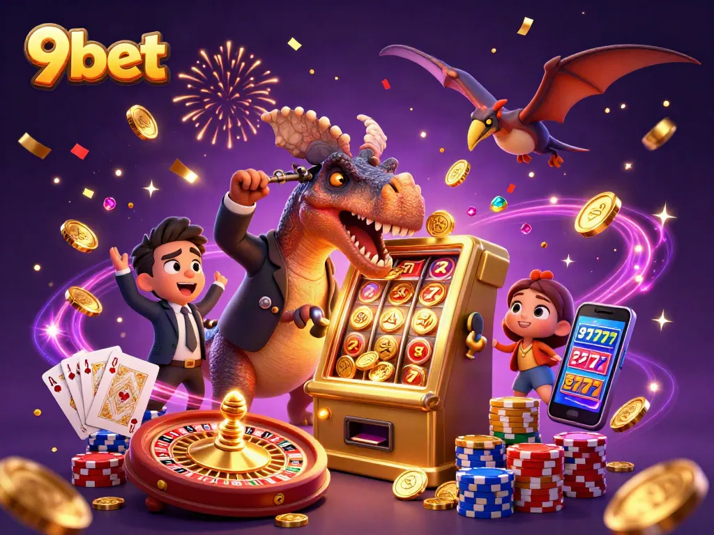 Experience exciting wins with 9bet in a dynamic 3D casino scene featuring animated dinosaurs!