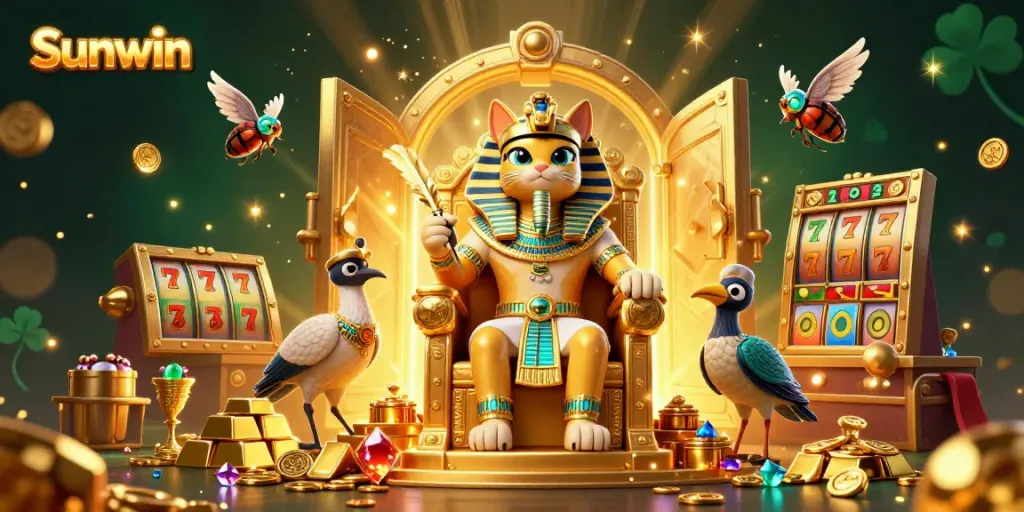 Engage in thrilling slot action at Sunwin with cartoon pharaoh cat and treasures.