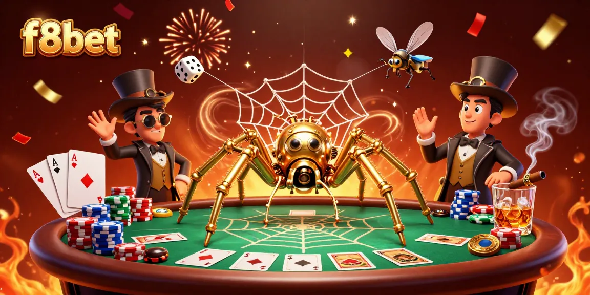 Engage with f8bet's thrilling atmosphere as steampunk characters navigate a vibrant casino scene.