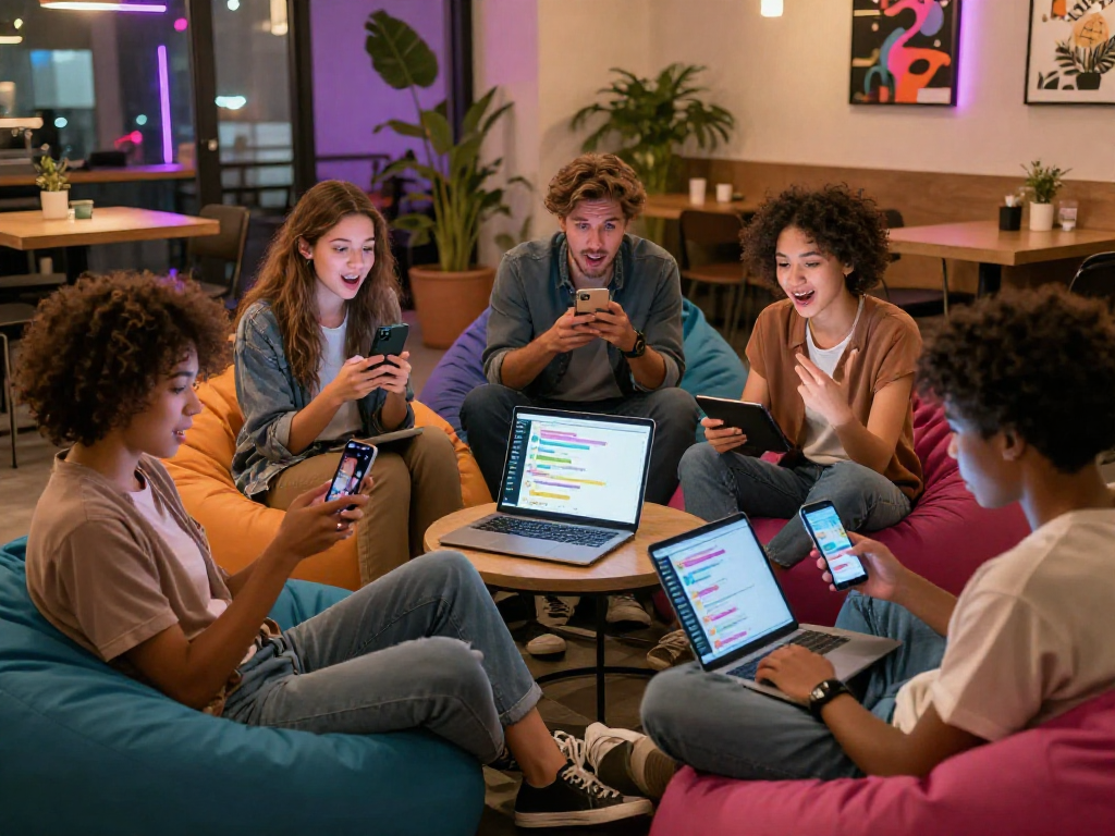 Youthful engagement in nsfw ai chat within a vibrant digital cafe atmosphere, showcasing diverse interactions and playful humor.