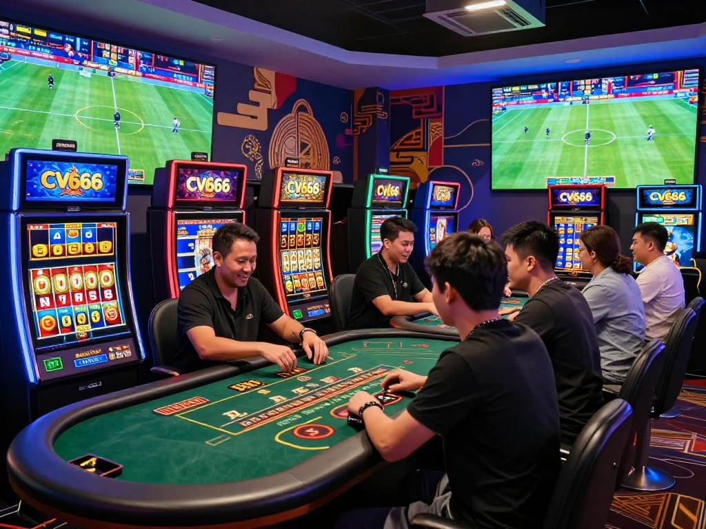 Players engaging with diverse games on CV666, showcasing the excitement of online betting in a vibrant casino environment.
