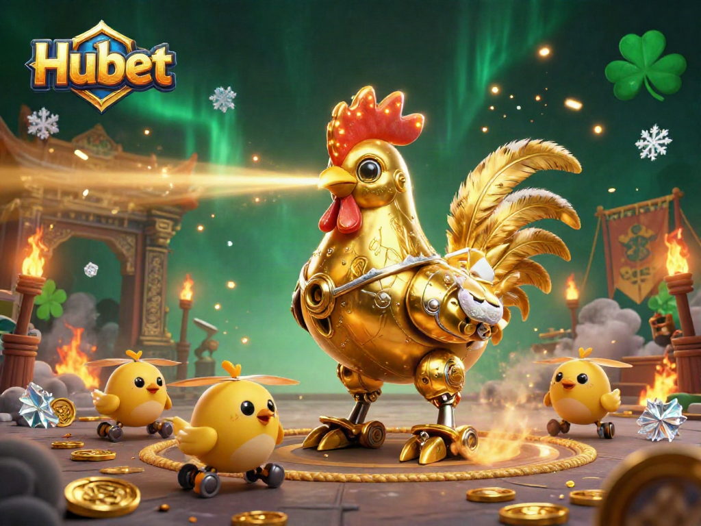 Experience the thrilling action at Hubet with a vibrant scene featuring a golden rooster robot and dynamic casino elements.