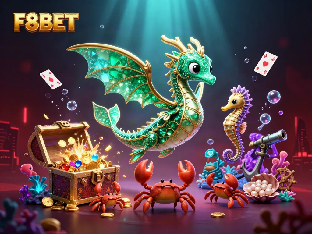 Experience the thrill of F8BET with vibrant sea dragon and treasure in a casino-inspired underwater world.