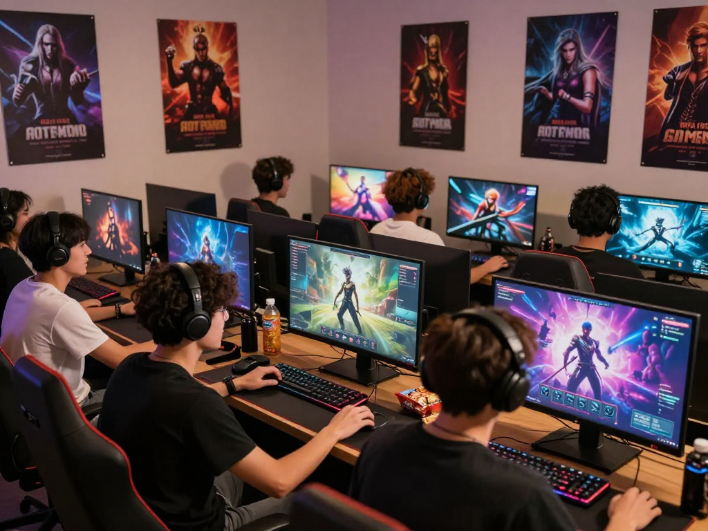 Dynamic scene of players engaged in interactive sex games, showcasing gaming accessories and vibrant graphics.