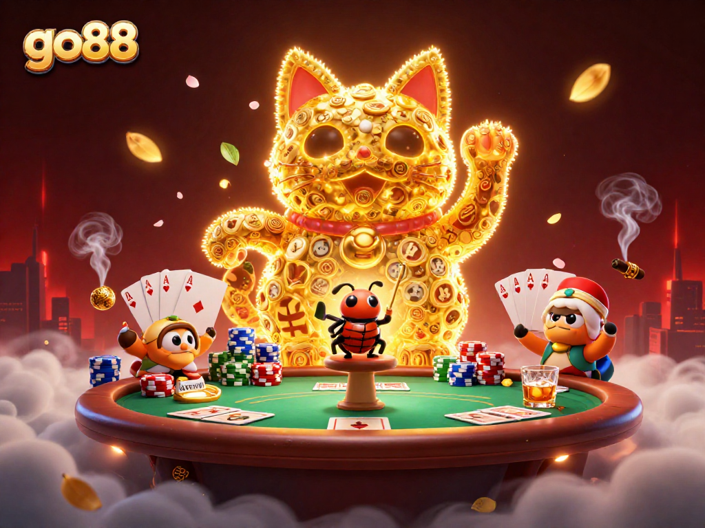 Experience the vibrant thrills of go88 with a giant lucky cat and animated casino symbols.