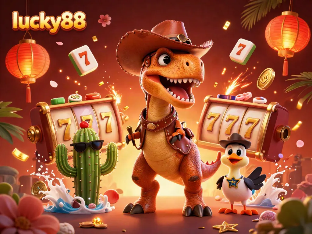 Experience thrilling wins with lucky88 as a cartoon T-Rex cowboy spins slot reels surrounded by festive elements.