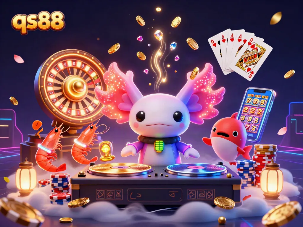 Engage in thrilling gaming with qs88, featuring a neon DJ, colorful shrimp, and a lively casino atmosphere.