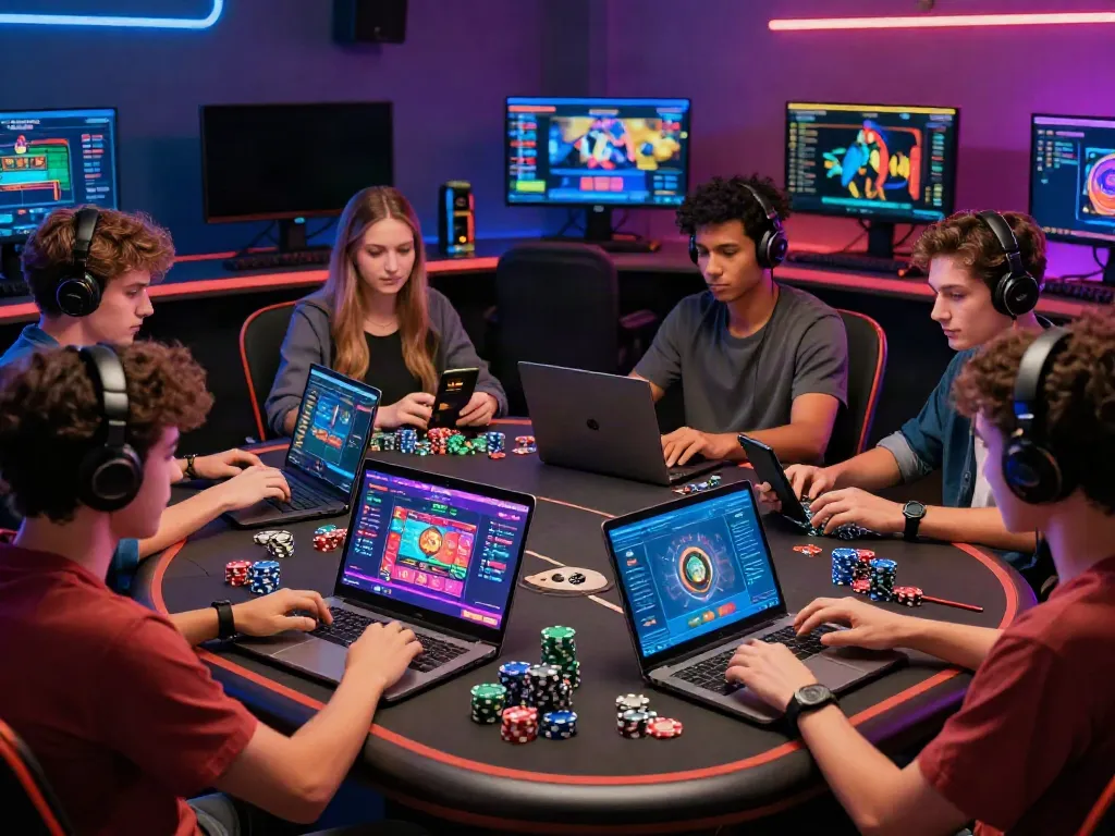 Engaging online gaming scene depicting diverse users experiencing nhà cái da88 on laptops and mobile devices with vibrant graphics and casino elements.
