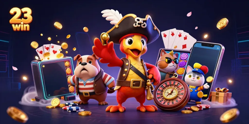 Experience the excitement of 23 win with pirate characters and casino elements bursting with energy.