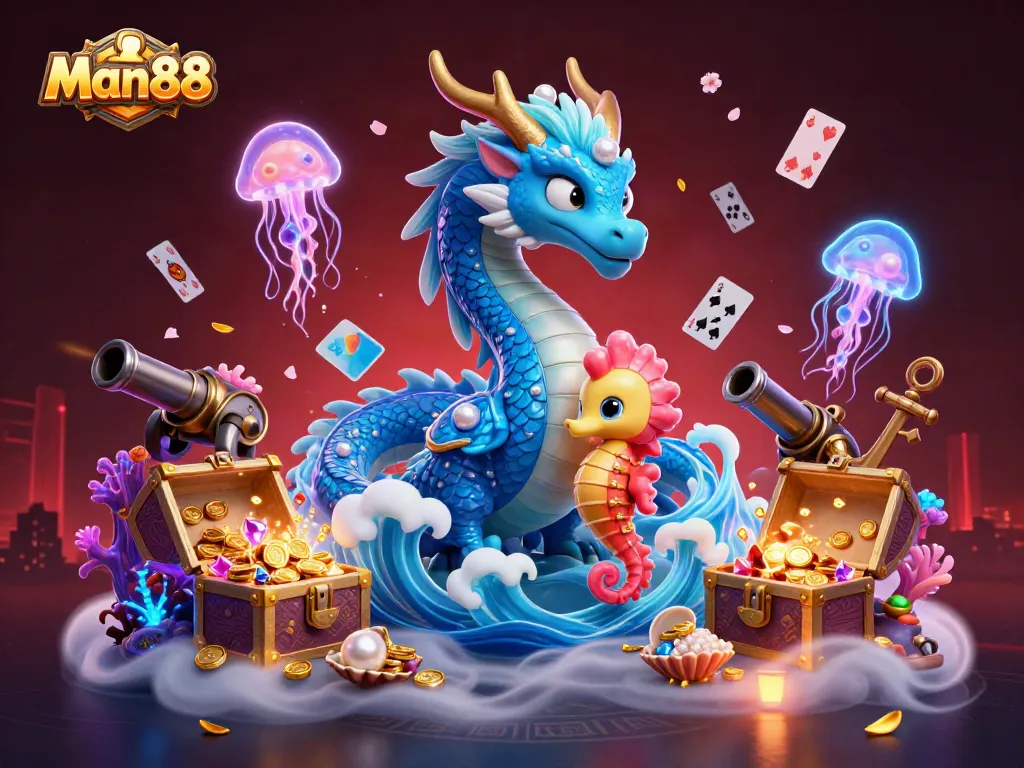 Win big with Man88 in this vibrant underwater casino world filled with treasures and glowing jellyfish.