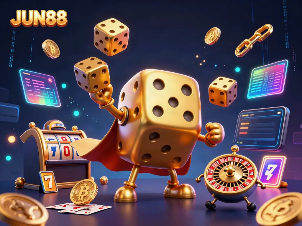 Experience thrilling moments at JUN88 with golden dice and vibrant gaming elements in a captivating 3D illustration.