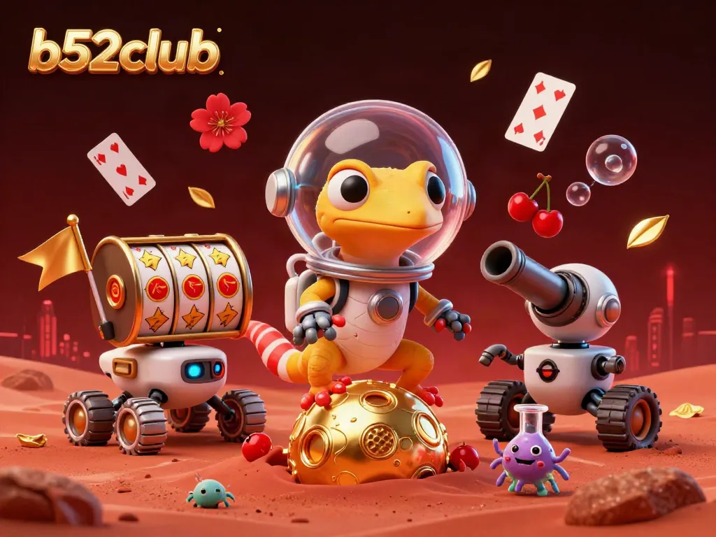 B52club's Martian gecko explores a casino with vibrant jackpots and cheering aliens.