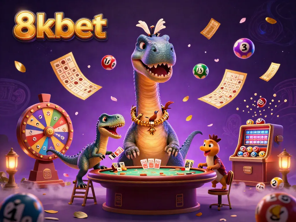 Experience the excitement of 8xbet with a colorful 3D casino scene featuring a giant brontosaurus and dynamic gaming elements.