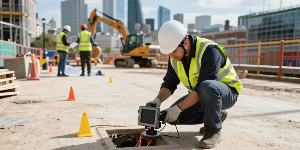 Buried Services Detection London: Technician using ground-penetrating radar at urban construction site.