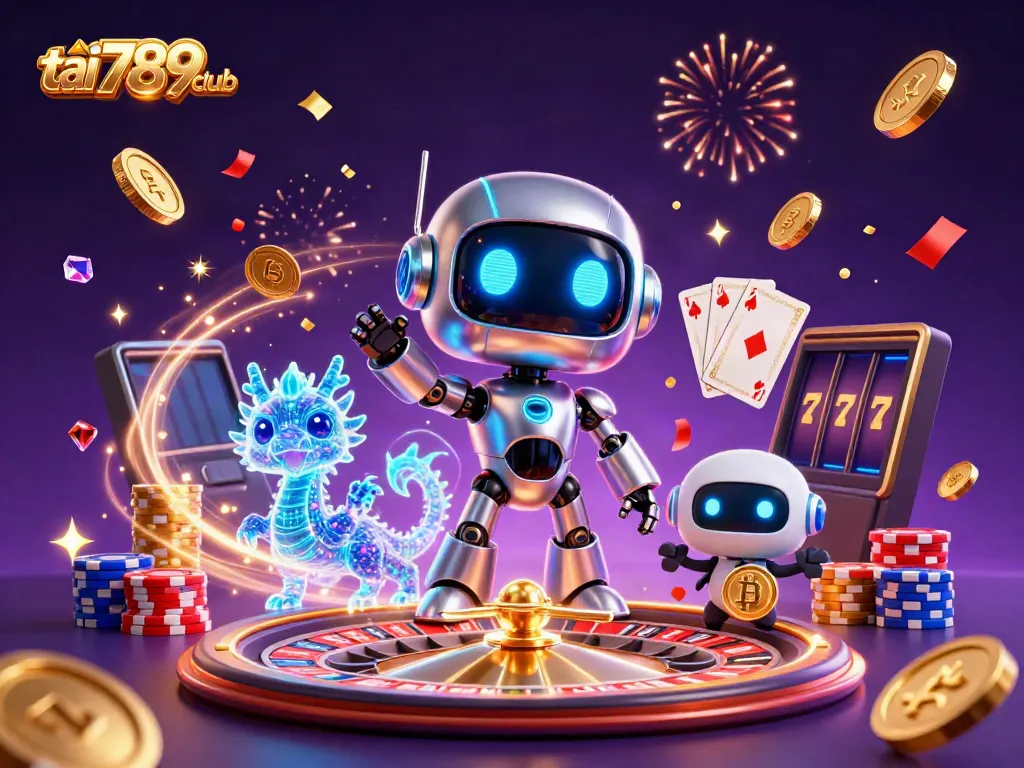 Experience the excitement of tai 789club with a vibrant 3D scene featuring a cyberpunk robot and casino elements.