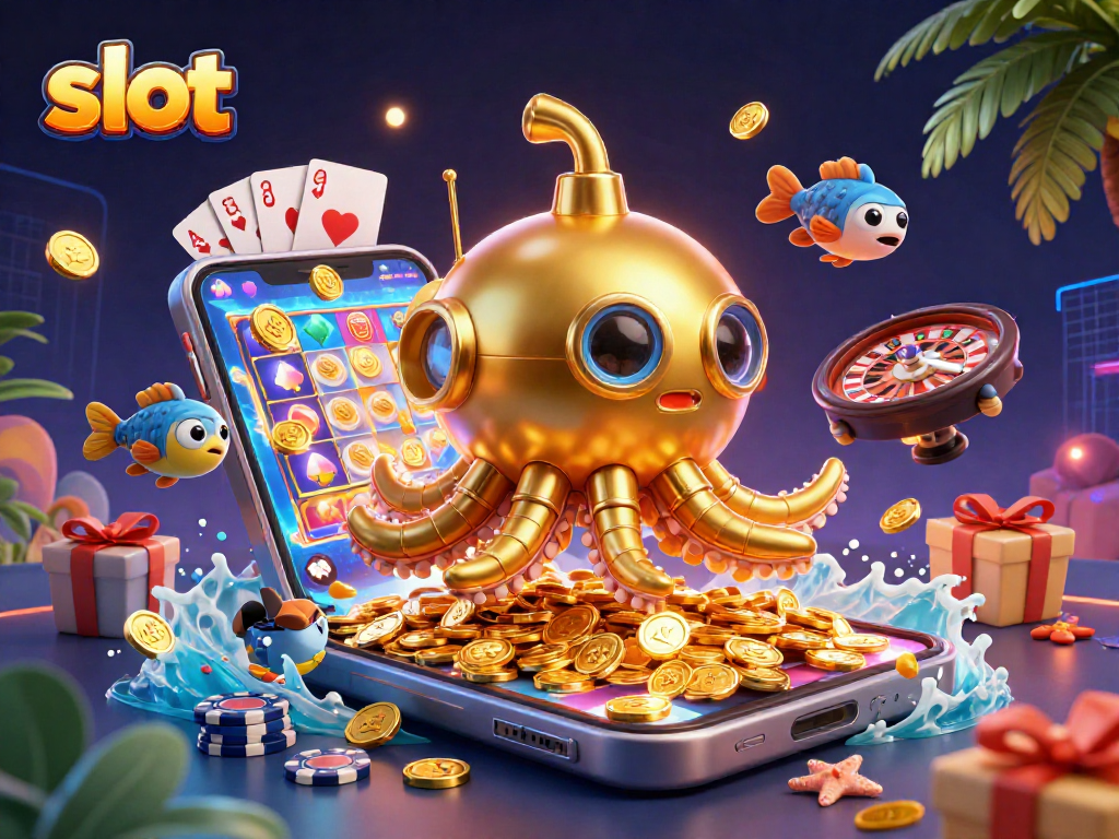 Spin vivid slot reels as a golden kraken submarine breaks through coins and cards.