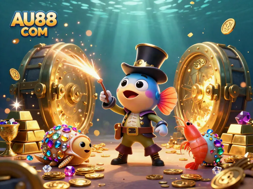 Experience thrilling gameplay with AU88 COM as an anglerfish, shrimp, and snail discover treasure amidst glowing coins.