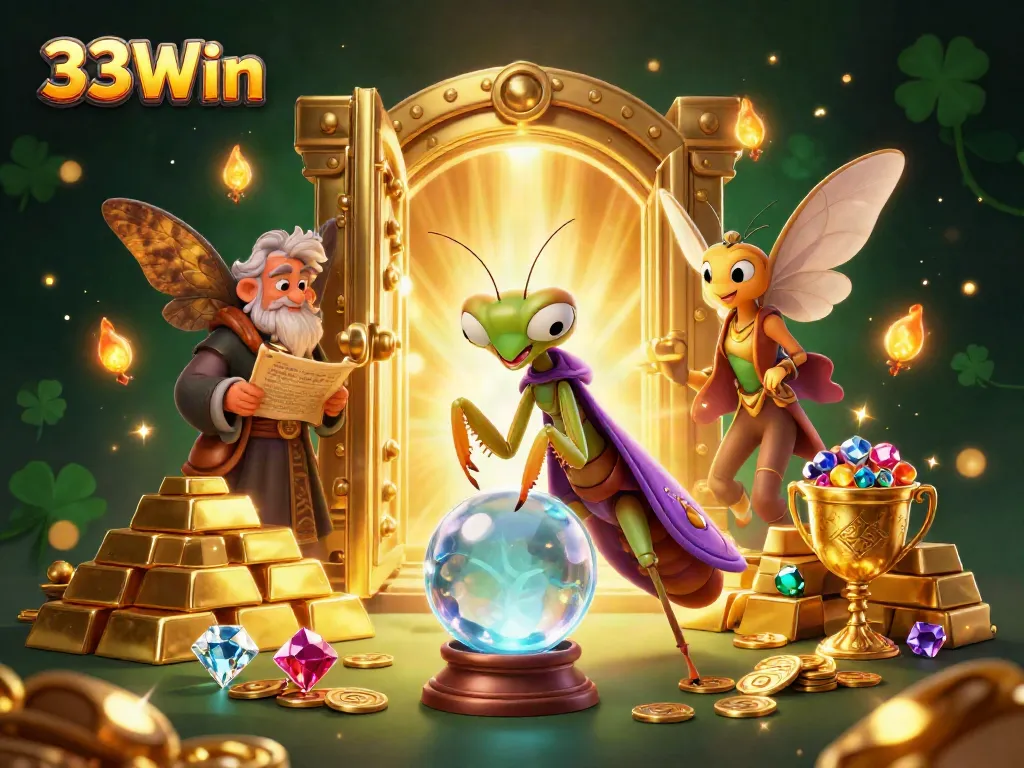 Experience the magical world of 33Win through this captivating illustration of fortune tellers and treasure.