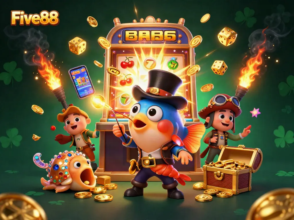 Engage and win big with Five88 in a dynamic casino scene filled with vibrant gaming elements.