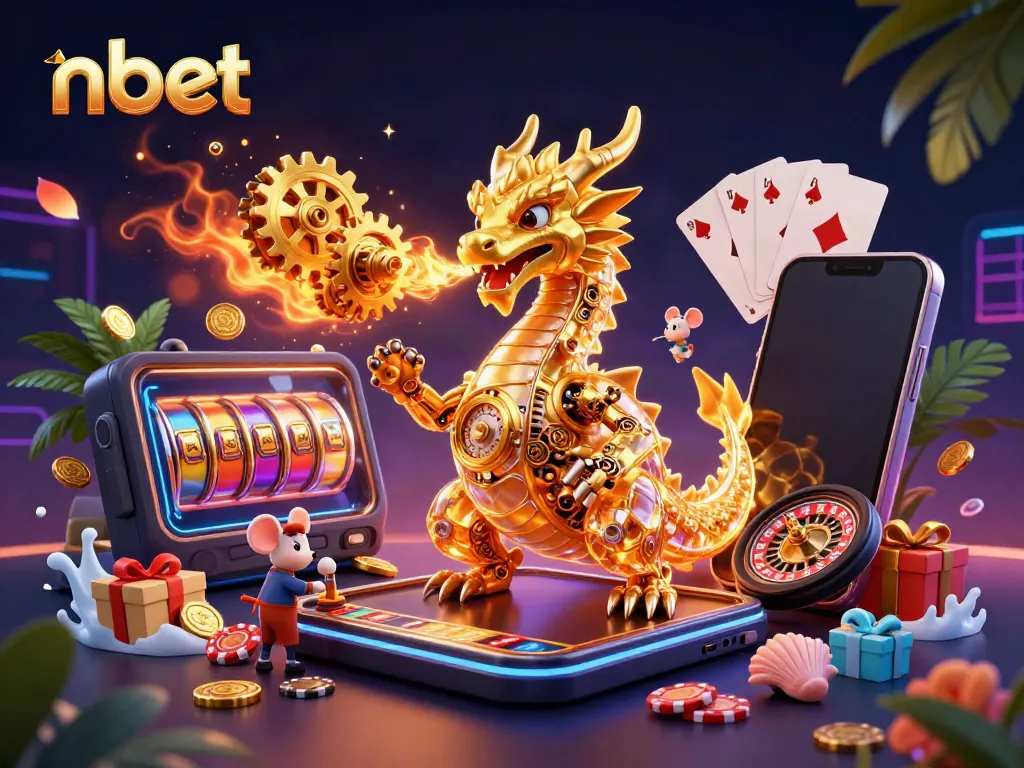 Experience thrilling gaming action with nbet's vibrant 3D casino scene featuring golden dragon and dynamic gaming elements.