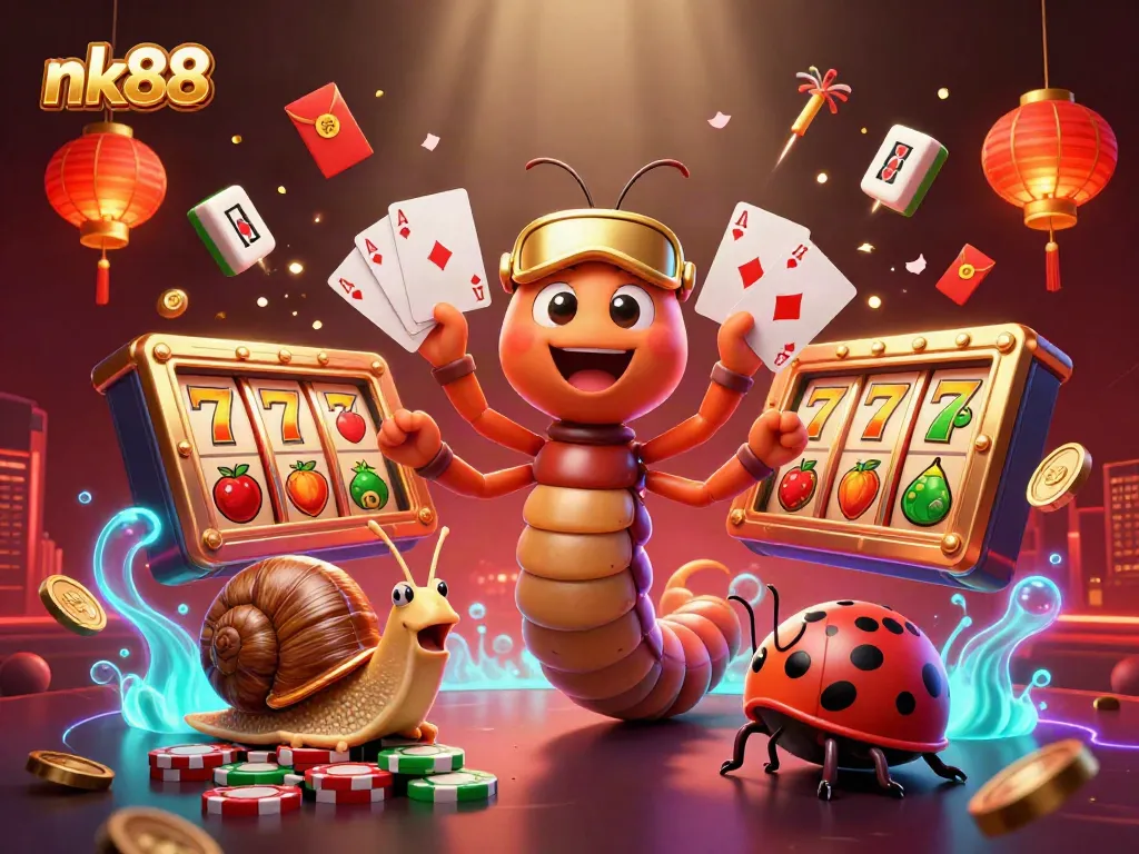 Experience the thrill at nk88 casino, featuring colorful cards and excited characters in action.