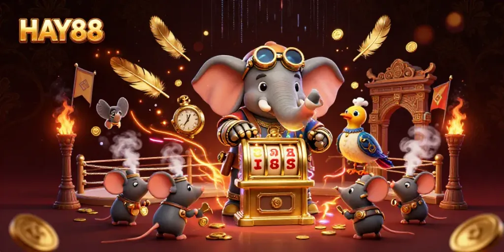 Engage with HAY88's thrilling slot machine experience featuring playful 3D characters and vibrant casino elements.