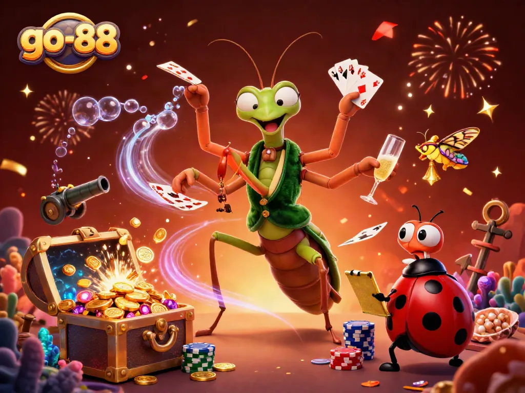 Experience thrilling action at go-88 with a vibrant 3D scene of colorful casino elements and characters