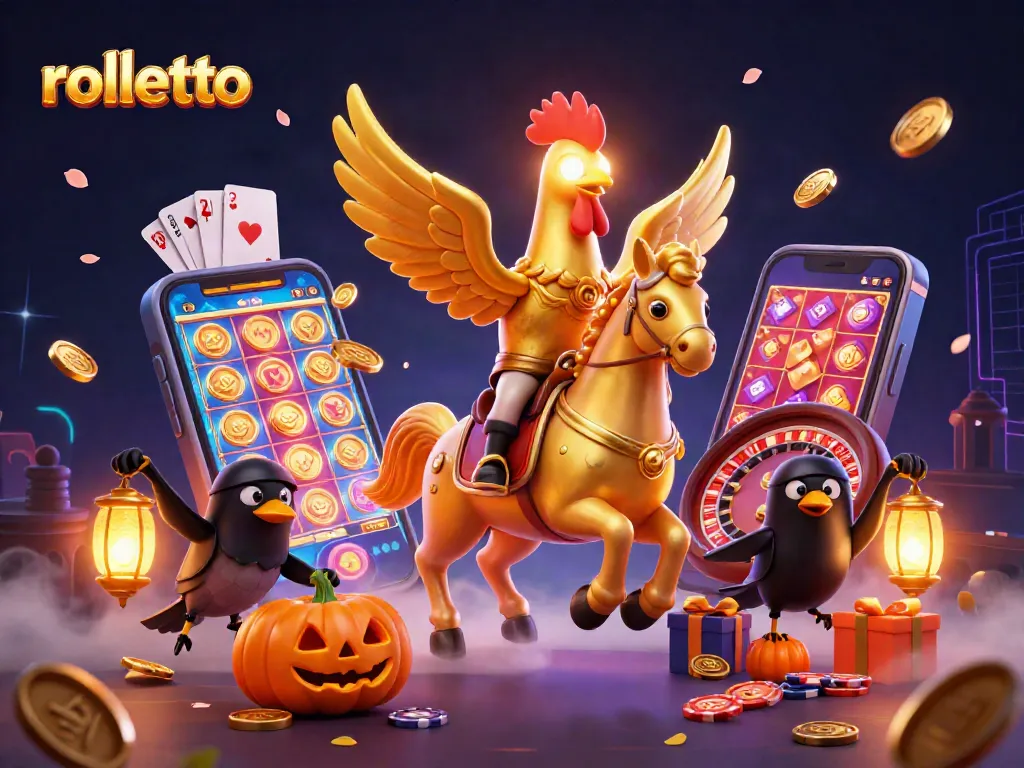 Experience the rolletto adventure with a golden rooster in a mystical casino, surrounded by gaming excitement.