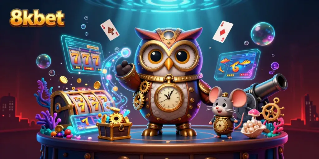 Win big with 8xbet's casino games featuring steampunk characters and vibrant elements.