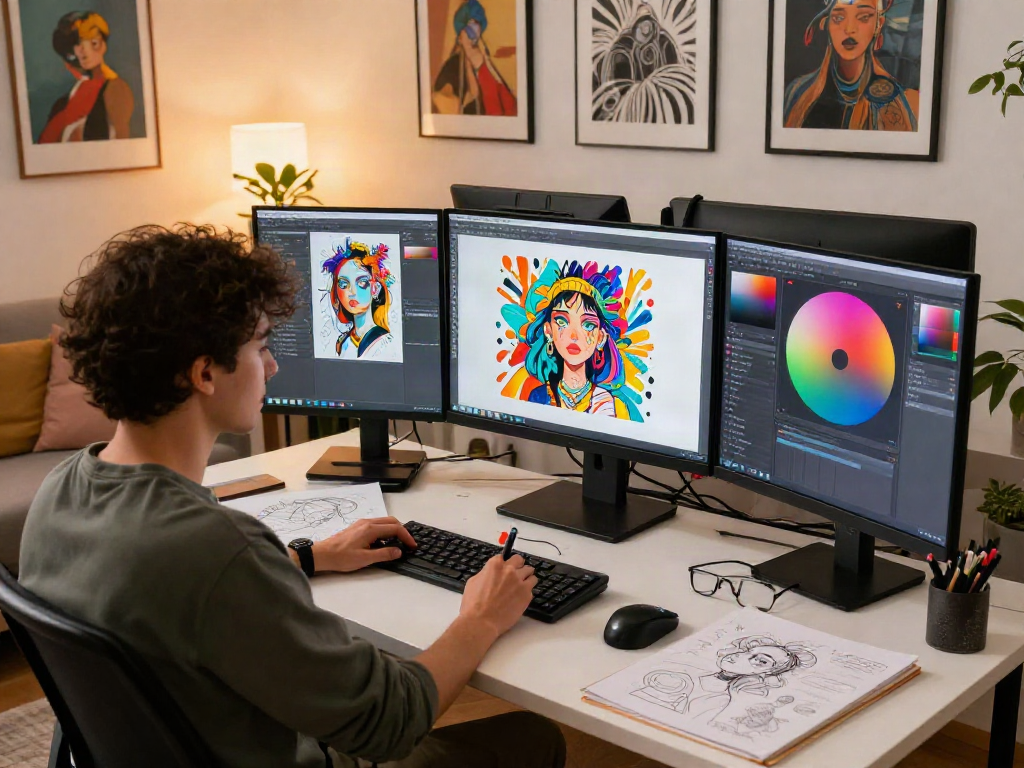 Artist creating stunning nsfw ai illustrations in a modern digital studio
