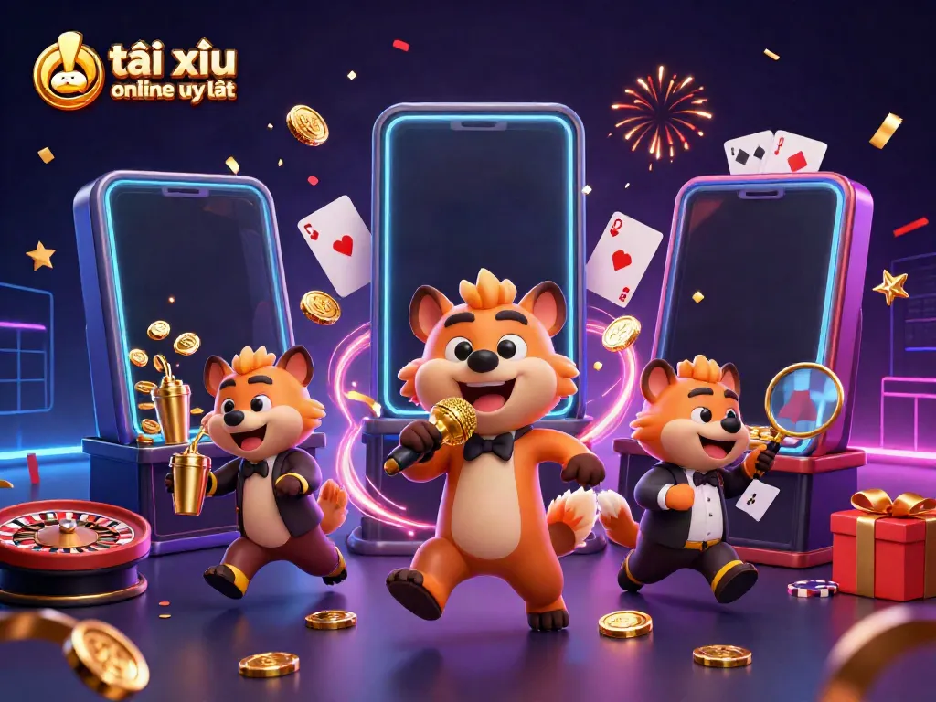 Tài xỉu online uy tín illustrated by hyenas in a vibrant casino setting, showcasing games and energy.