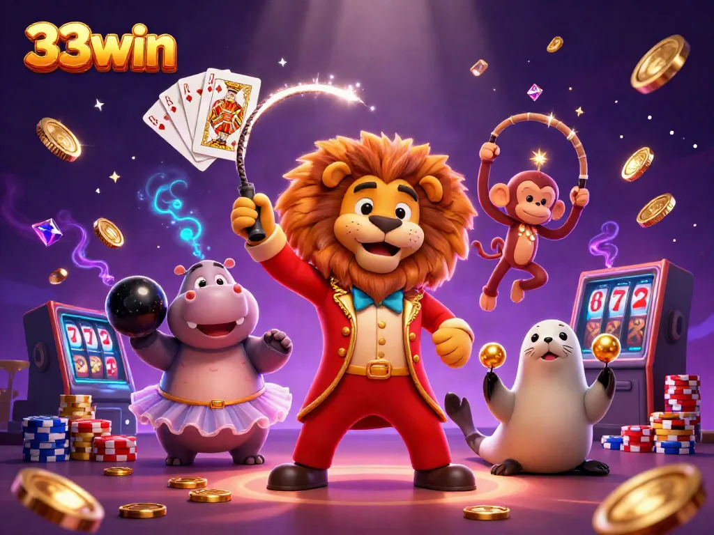 Experience the thrill of gaming with 33win's vibrant casino scene filled with dynamic characters and golden rewards.