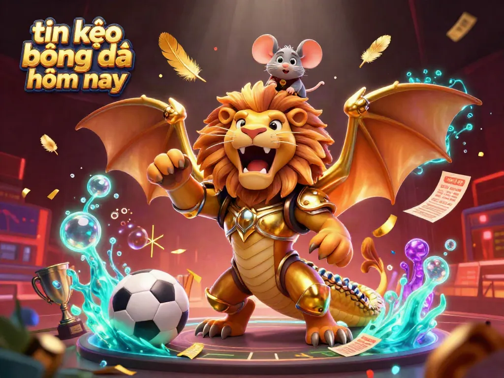 Engage with the excitement of tin kèo bóng đá hôm nay as a cartoon chimera roars triumphantly with a mouse jockey, amidst vibrant sports betting elements.