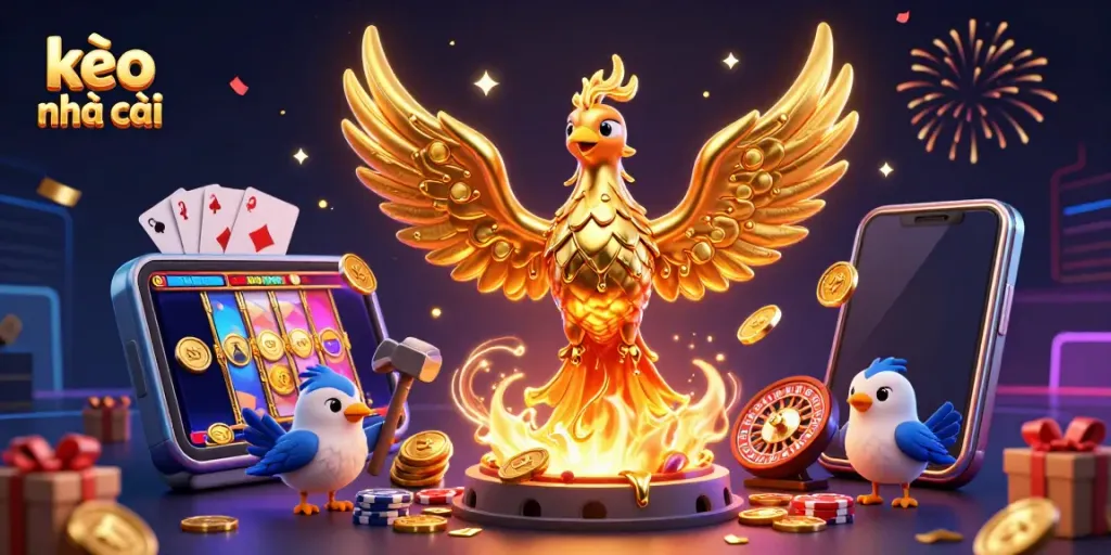 Experience thrilling gaming with kèo nhà cái, featuring a molten metal phoenix and lively casino elements.