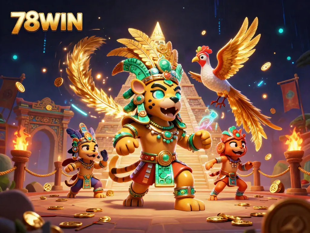 Experience immersive gambling action with 78WIN as a Mayan priest and quetzal bird soar amidst golden treasures.
